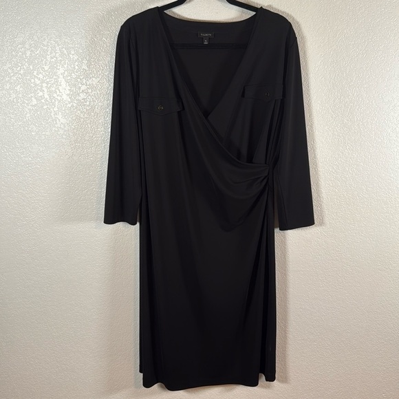 Talbots Dresses & Skirts - Talbots Black Faux Wrap 3/4 Sleeve MIDI Career Dress Double Pockets Size XL